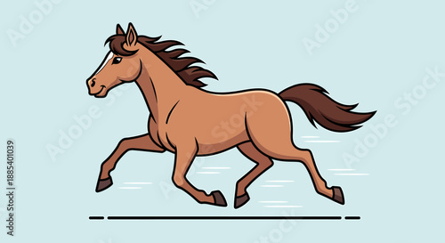 A cartoon illustration of a brown horse with a dark mane and tail, galloping dynamically across a light blue background.