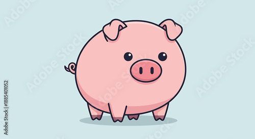 Cute cartoon pink pig illustration with a round body, small ears, snout, and curly tail on a light blue background, rendered in a simple, charming style.