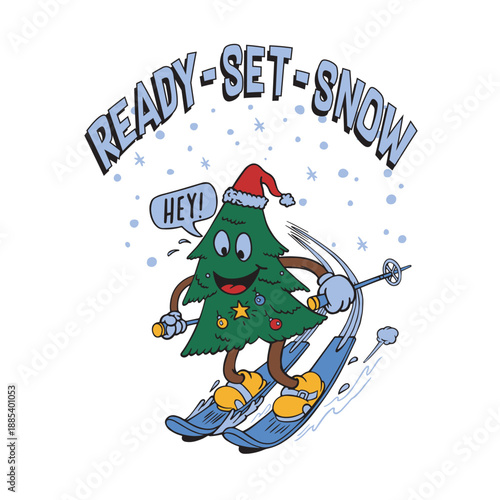 Cartoon vector illustration of a festive Christmas card featuring Santa Claus with a decorated tree, snowman, and gifts in a snowy winter holiday scene for a happy New Year celebration design