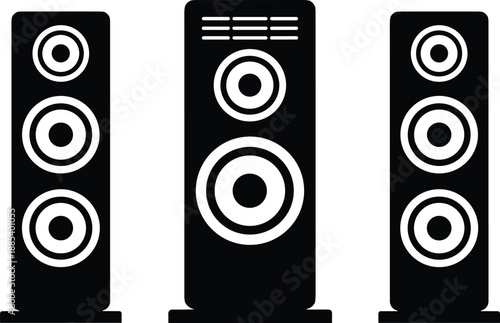 Floor standing speaker system silhouette vector illustration, modern audio sound speakers set in black and white, home theater music equipment design for logo and print use
