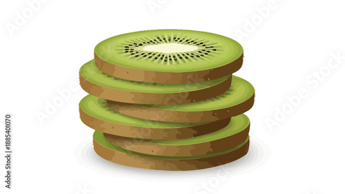 Stack of five sliced kiwi fruit against a white background