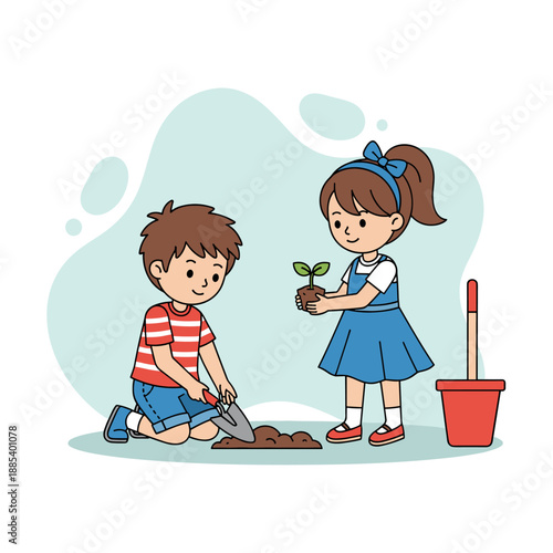 Children planting seeds in the garden with tools and pots  
