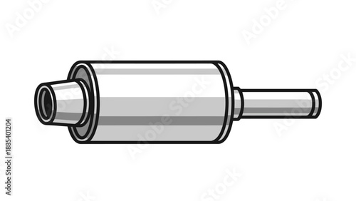 Stylized grayscale illustration of a vehicle exhaust muffler and tailpipe