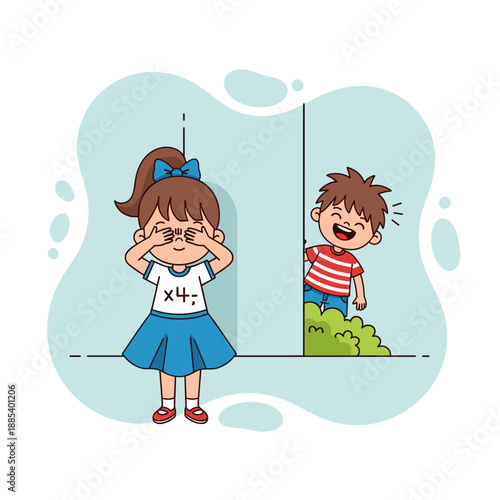 Girl playing hide and seek with boy, smiling in playful setting  