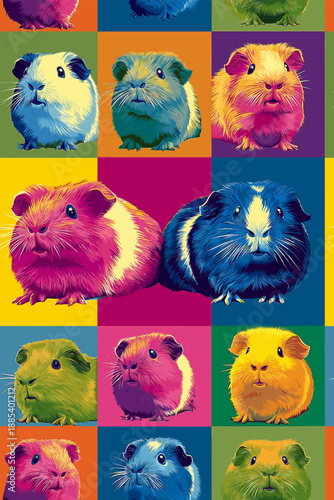 Nine cute guinea pigs in a colorful pop art distinct grid pattern. Pop art guinea pig distinct pet portraits grid