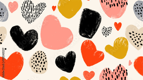 Hearts in a cute retro doodle style creating a vibrant seamless pattern. Seamless heart pattern representing love and romance