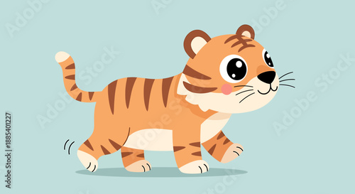 A cute cartoon baby tiger with orange fur and black stripes walking on a light blue background.