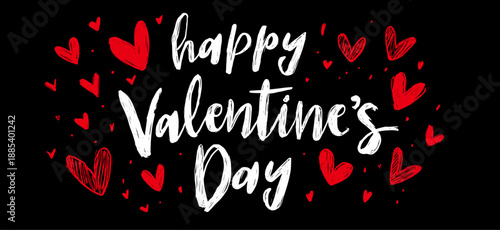 White handwritten Happy Valentines Day text surrounded by red hearts on a black background. Happy Valentines Day greeting text with red hearts