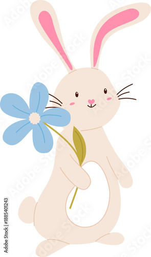 A cute little rabbit is holding a big blue flower, isolated on a white background. A delicate illustration that fits perfectly into a spring theme or children's decor.