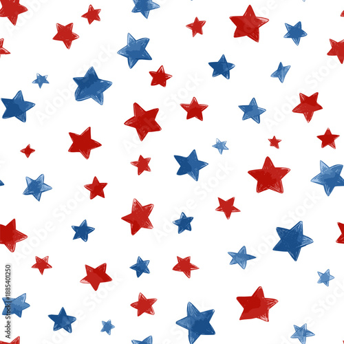 Red and blue stars forming a cheerful, seamless American flag inspired pattern. USA colors star pattern creating a patriotic background