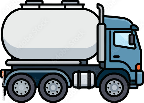 Blue cab white tank tanker truck side view flat cartoon bold lines simple vector illustration