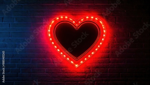 Glowing Red Heart Sign on Dark Brick Wall Backdrop.