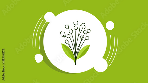 A simple illustration of a floral arrangement inside a white bubble on a green backdrop