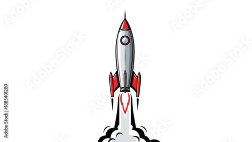 Stylized illustration of a red and silver rocket taking off with white smoke
