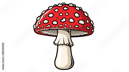 Stylized illustration of a red and white spotted Amanita mushroom on a white background