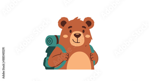A friendly cartoon brown bear wearing a blue-green backpack, ready for an outdoor adventure or hiking trip.