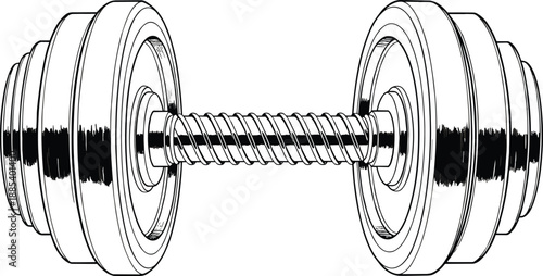 Adjustable dumbbell line art vector illustration, realistic gym fitness weight with metal plates and threaded handle, black and white sports training equipment design for logo and print use