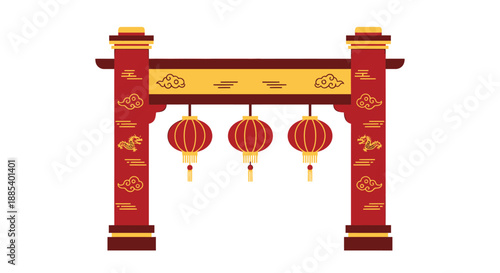 A vibrant red and gold traditional Chinese archway with three hanging lanterns, symbolizing cultural celebration.