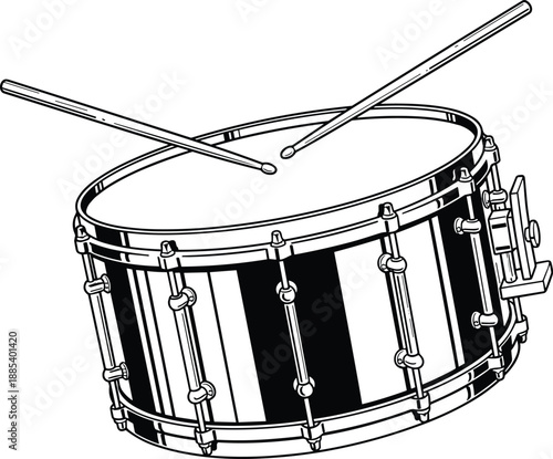 Snare drum line art vector illustration, detailed percussion instrument with crossed drumsticks, black and white music equipment design for band, rhythm, logo, icon, and print use