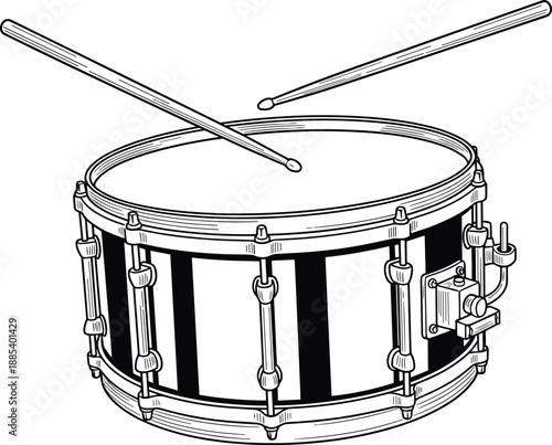 Snare drum line art vector illustration, detailed percussion instrument with drumsticks, black and white music equipment design for band, rhythm, logo, icon, and print use