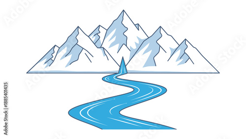 Stylized snowcapped mountains with a winding blue river flowing down