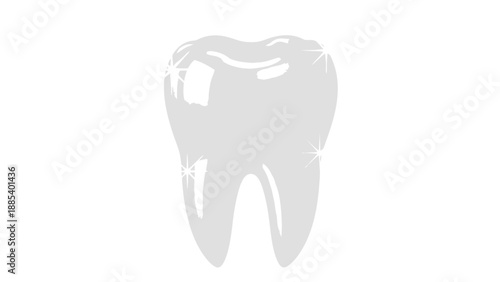 Stylized white and gray molar tooth graphic with sparkling highlights