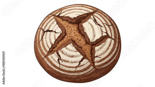 Topdown view of a round scored sourdough loaf with dark brown crust