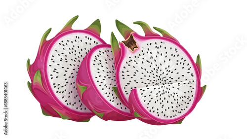 Three slices of pink and white dragon fruit with black seeds