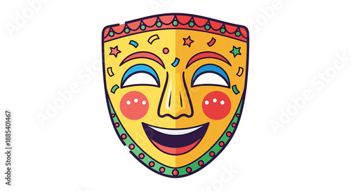 A colorful and festive cartoon mask with a happy expression, adorned with stars and dots.