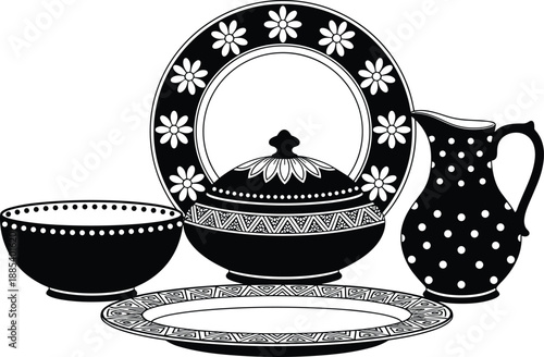 Ornamental tableware silhouette vector illustration, decorative plates bowl tureen and jug with floral patterns in black and white, traditional kitchen dining design