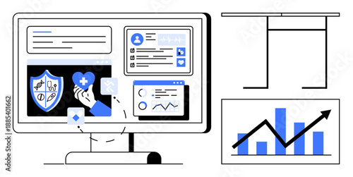 Healthcare tech, data analytics, cybersecurity, digital health services, medical progress, secure technology. Computer screens showing medical tools, user profiles and charts. Healthcare tech
