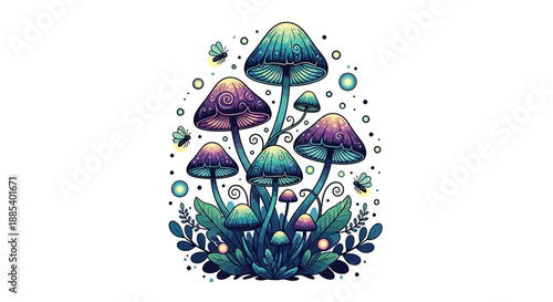 A whimsical illustration of glowing, colorful fantasy mushrooms with intricate details and magical elements.