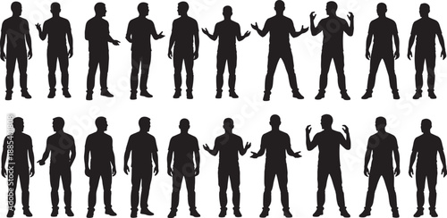 Silhouettes of male figures in diverse standing and gesturing poses, ideal for posture reference, animation design, body language study, or character modeling