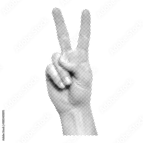 Hand showing victory peace sign in retro halftone effect, victory sign with V retro halftone grunge style, minimal halftone victory gesture.eps