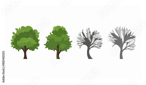 Four Isolated Tree Silhouettes with Leafy and Leafless Designs for Seasonal Nature Concepts Vector