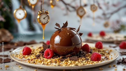 Elegant Chocolate Sphere Dessert with Raspberries, Nuts, and Decorative Clocks