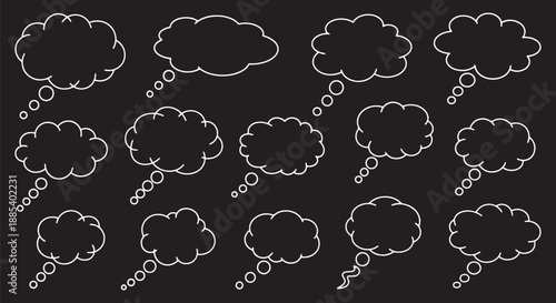 Collection of white outlined thought bubbles on a black background
