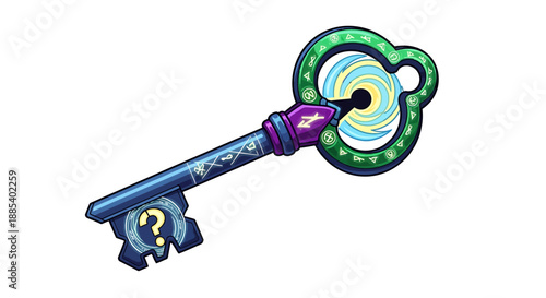 A vibrant, stylized fantasy key with a green, swirling portal-like bow and a question mark on its bit, against a white background.