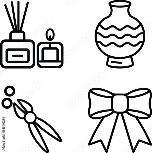 Collection of decorative objects including a reed diffuser scented candle patterned vase and gift bow isolated on transparent background