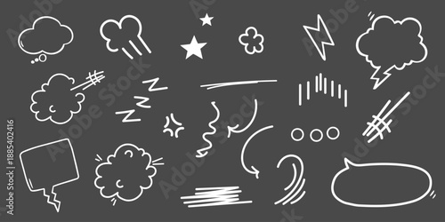 Hand-drawn doodle speech elements set with comic lines and symbols