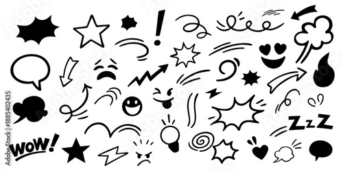 Comic doodle icon set with expressive symbols and speech marks