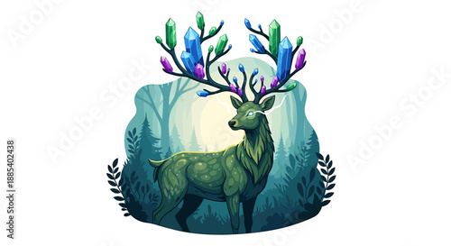 A mystical deer with vibrant crystal antlers stands in an enchanted forest setting.