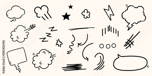 Minimal doodle speech bubbles and comic marks set