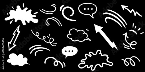 White doodle speech and motion elements on black background