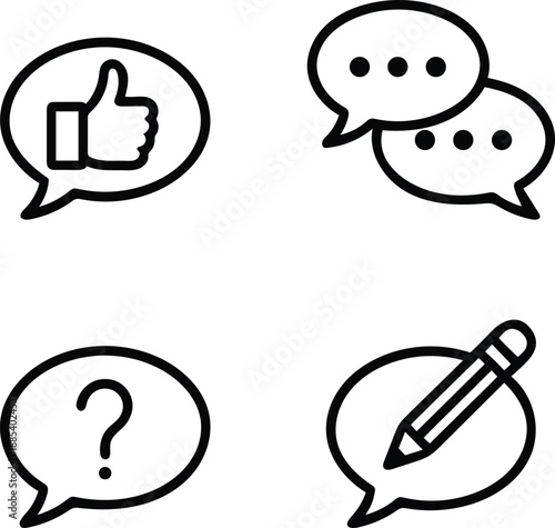 Collection of four simple outline icons representing communication and feedback in a clean minimalist style