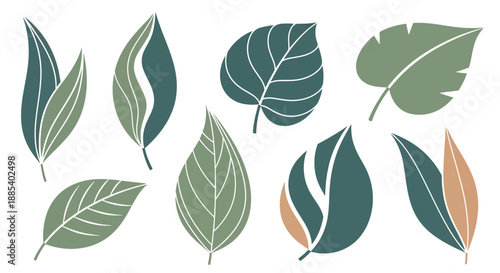 Collection of eleven stylized leaves in muted green, blue, and tan tones with minimalist veins
