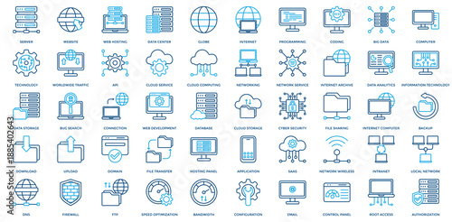Web Hosting Icon Set. Containing Server, Website, Data Center, Internet, Programming, Coding, Big Data, Computer, Technology, Worldwide Traffic Icon. Simple Outline Color Vector 
