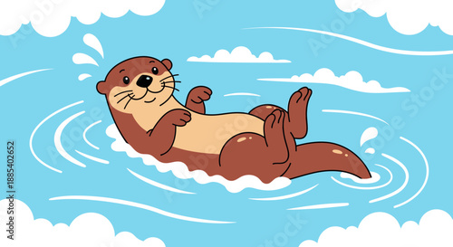 A cute cartoon otter with a brown coat and light belly floating on its back in blue water with ripples and white clouds.