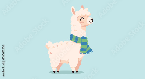 A cute cartoon llama with a blue and green striped scarf on a light blue background.