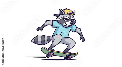 A cool cartoon raccoon wearing a cap and t-shirt, skateboarding with speed and style.